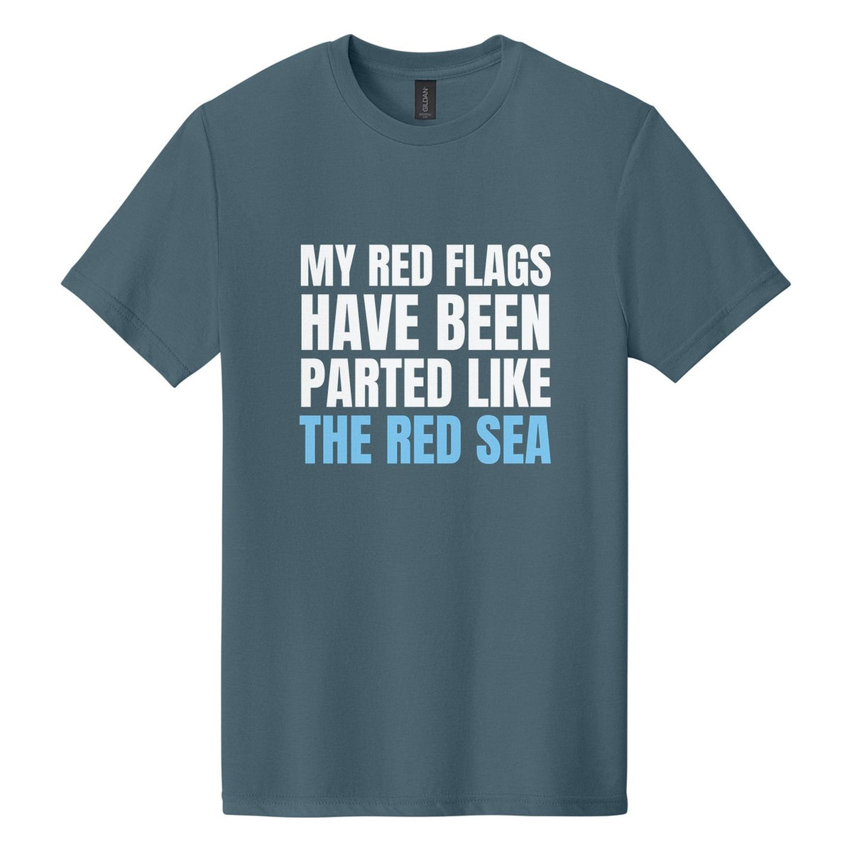 My Red Flags Have Been Parted Like the Red Sea tee in Steel Blue, Anton font, White + Sky Blue ink