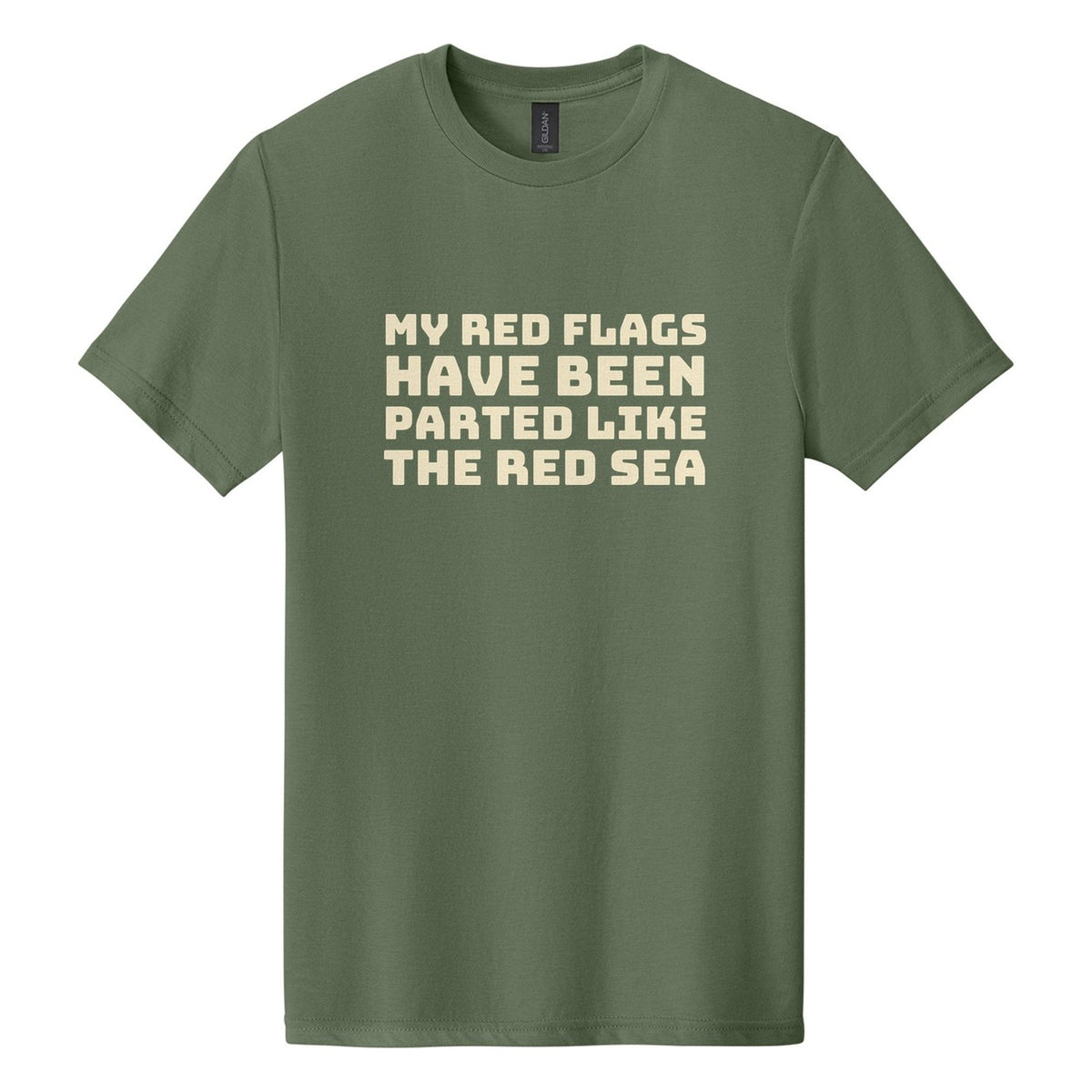 My Red Flags Have Been Parted Like the Red Sea tee in Cactus, Bungee font, Cream ink