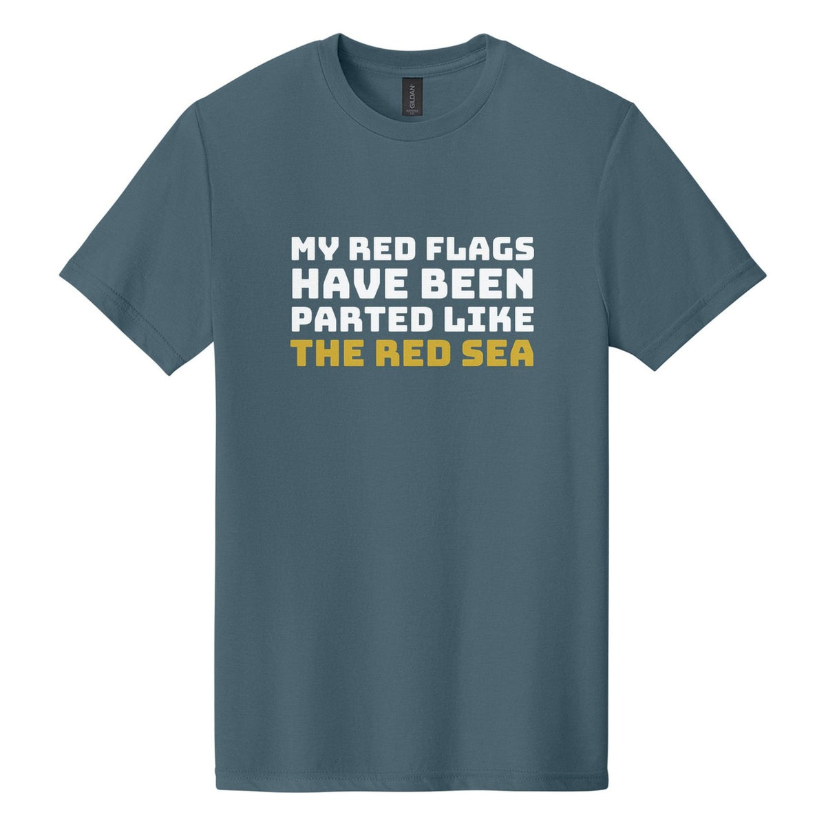My Red Flags Have Been Parted Like the Red Sea tee in Steel Blue, Bungee font, White + Metallic Gold ink