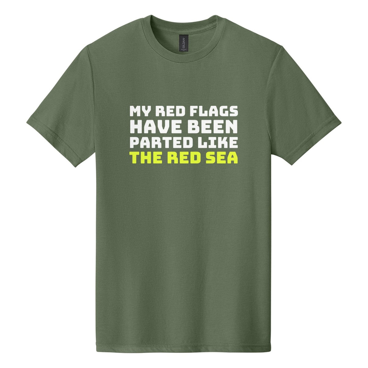 My Red Flags Have Been Parted Like the Red Sea tee in Cactus, Bungee font, White + Neon Yellow ink