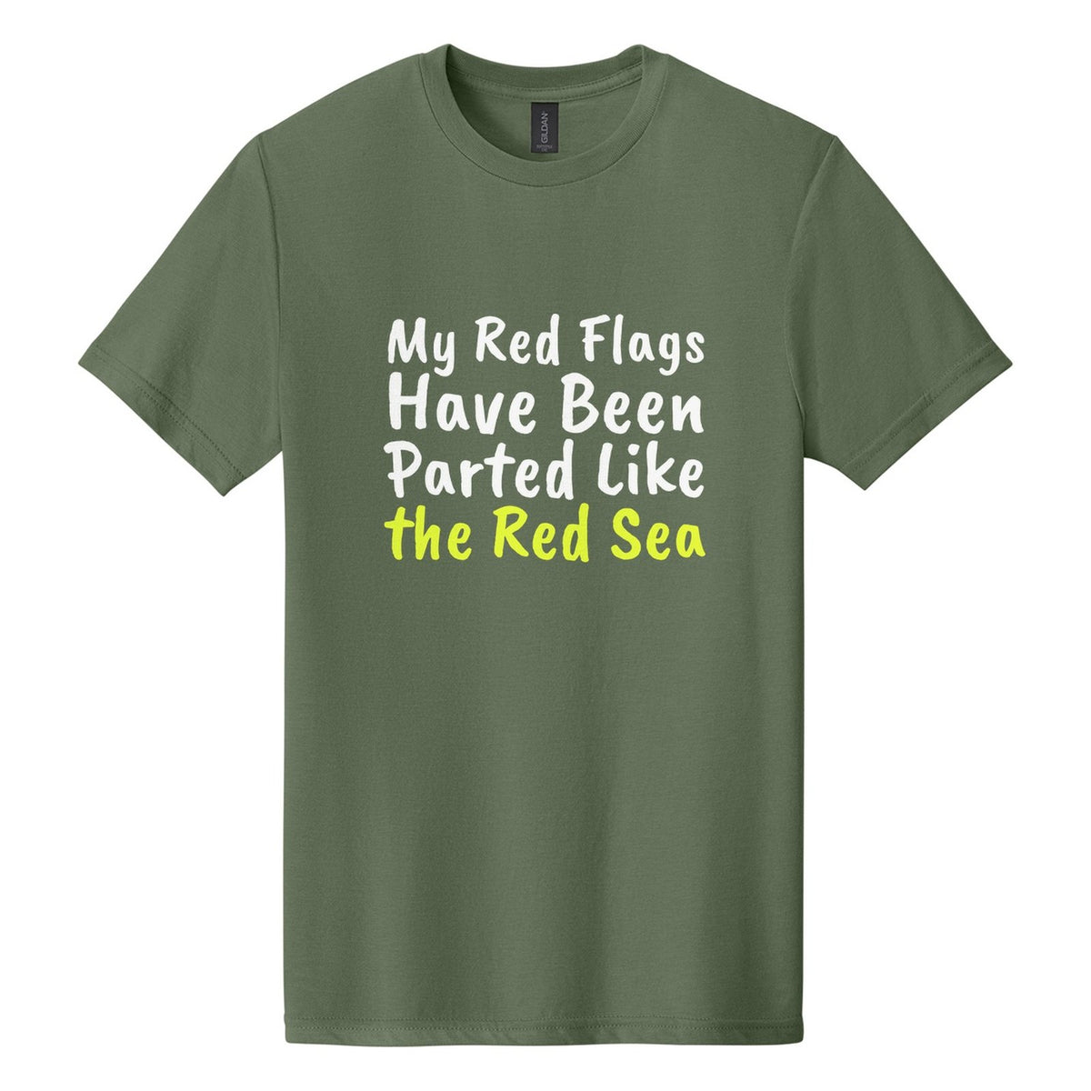My Red Flags Have Been Parted Like the Red Sea tee in Cactus, Caveat Brush font, White + Neon Yellow ink