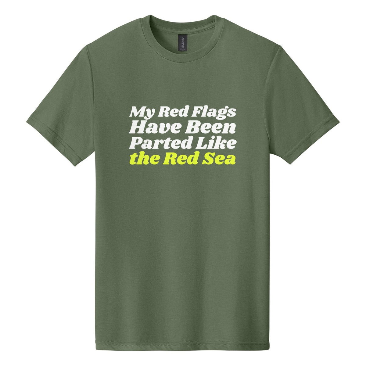 My Red Flags Have Been Parted Like the Red Sea tee in Cactus, Shrikhand font, White + Neon Yellow ink