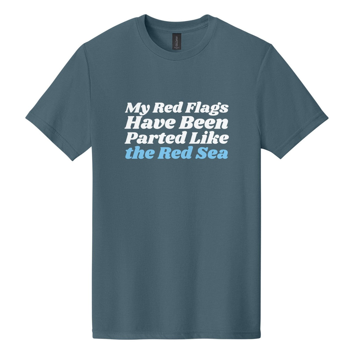My Red Flags Have Been Parted Like the Red Sea tee in Steel Blue, Shrikhand font, White + Sky Blue ink