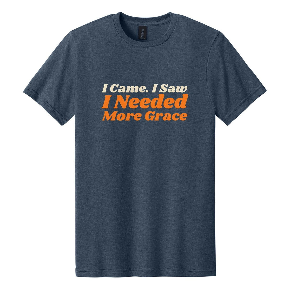 I Came. I Saw. I Needed More Grace tee in Navy Mist, Shrikhand font, Cream + Orange ink