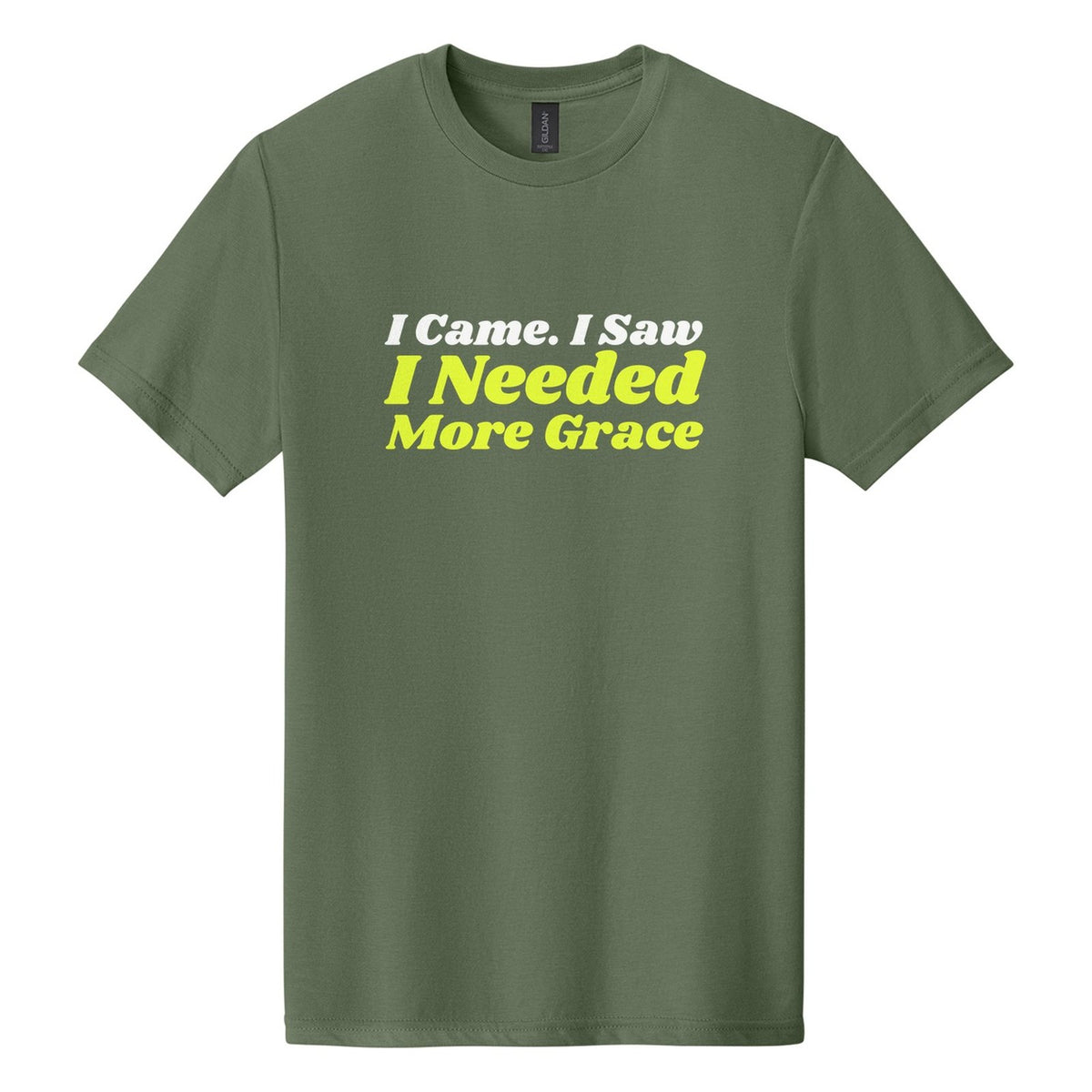 I Came. I Saw. I Needed More Grace tee in Cactus, Shrikhand font, White + Neon Yellow ink