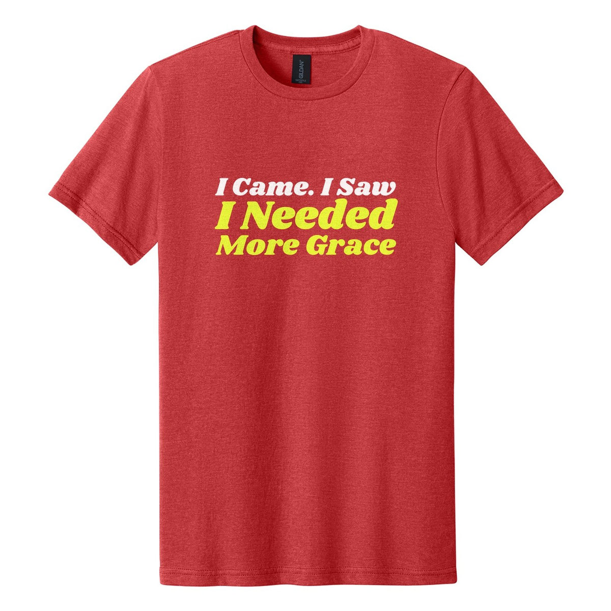 I Came. I Saw. I Needed More Grace tee in Red Mist, Shrikhand font, White + Neon Yellow ink