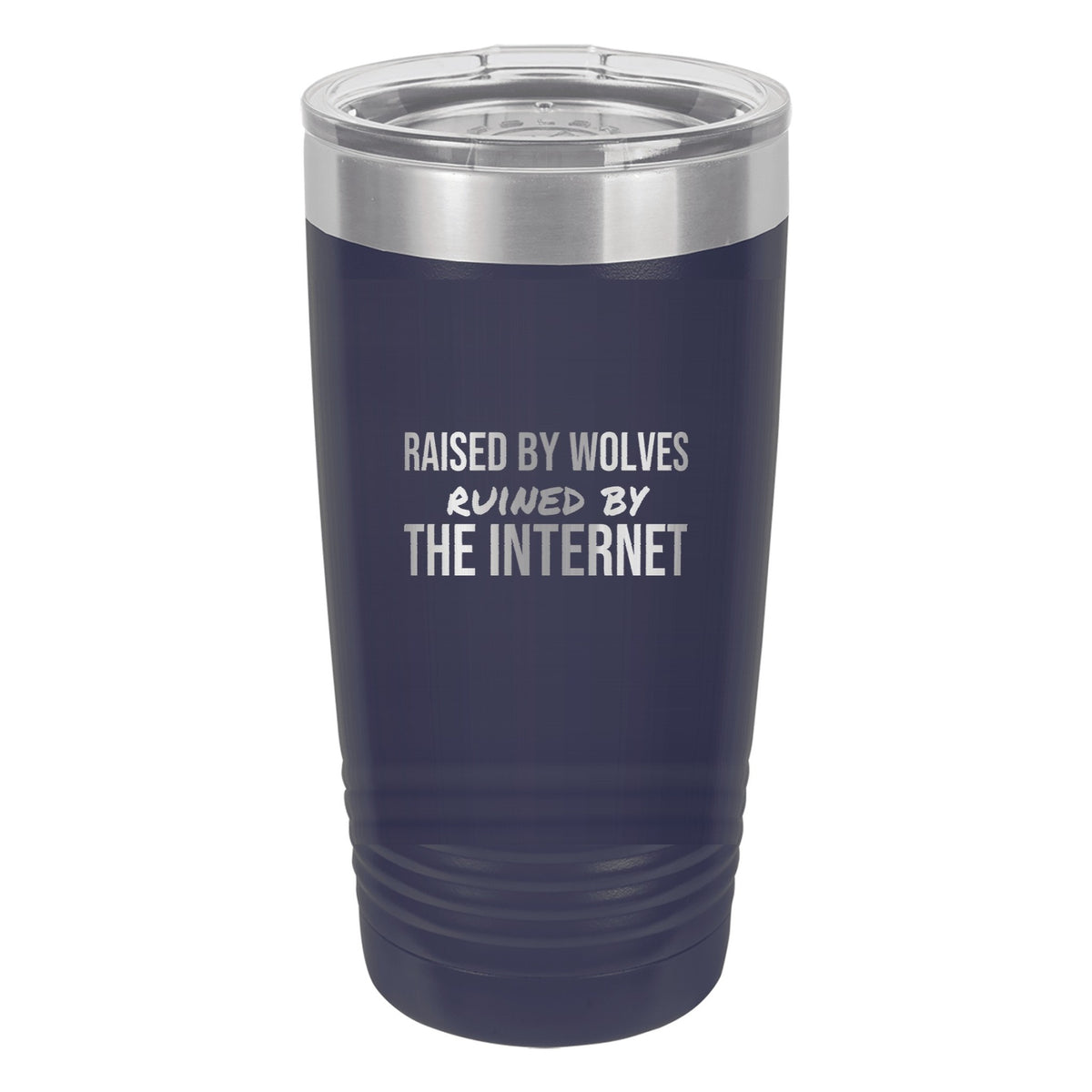 Raised By Wolves laser etched 20 oz Polar Camel ringneck tumbler in Navy Blue