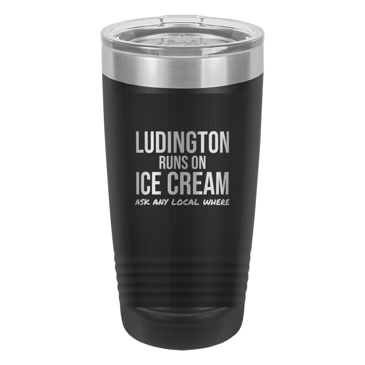 Ludington Runs On Ice Cream laser etched 20 oz Polar Camel ringneck tumbler in Black