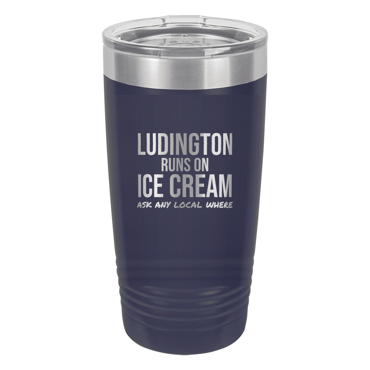 Ludington Runs On Ice Cream laser etched 20 oz Polar Camel ringneck tumbler in Navy Blue