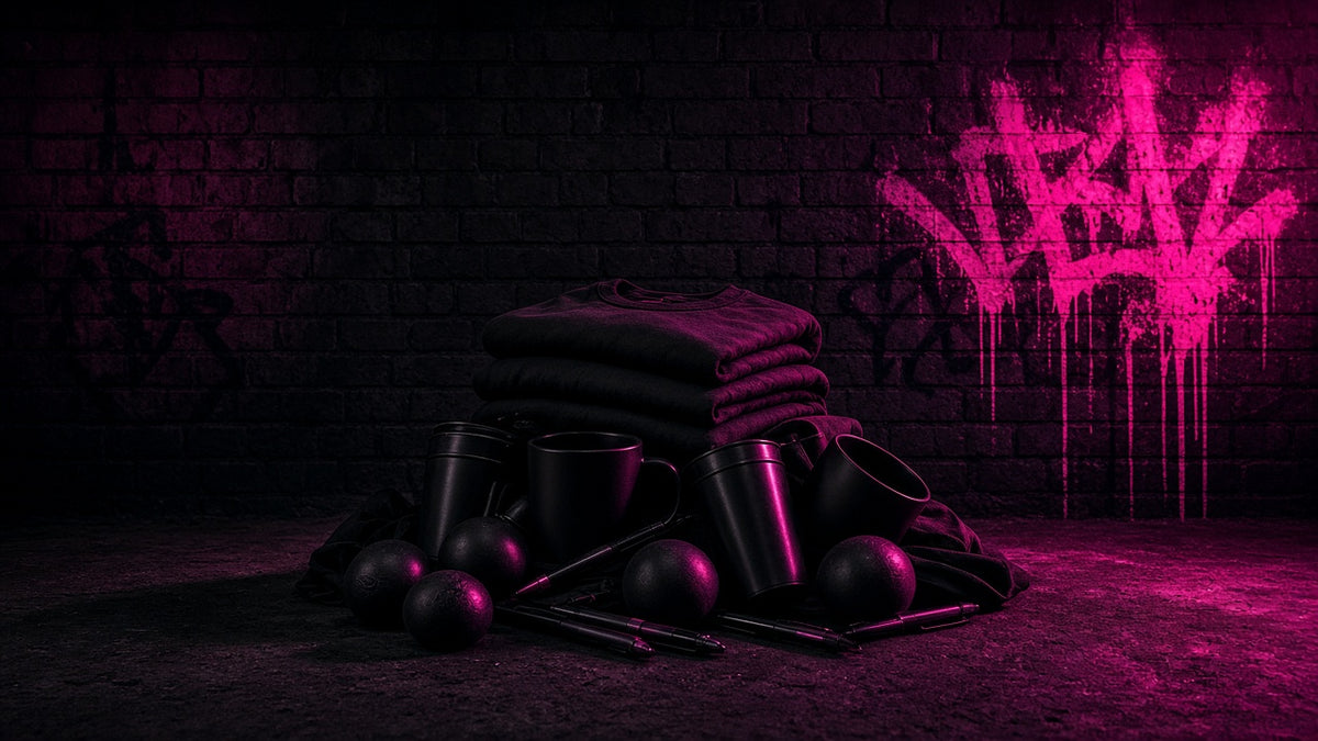 Pile of promo swag against a dark brick wall with hot pink graffiti