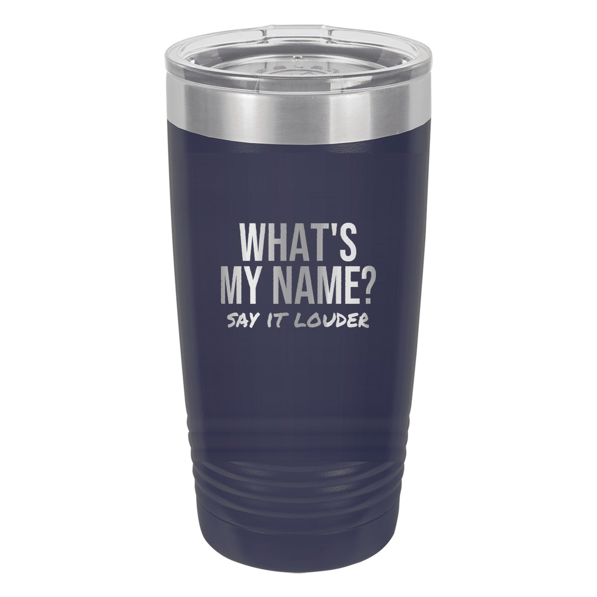 What's My Name laser etched 20 oz Polar Camel ringneck tumbler in Navy Blue