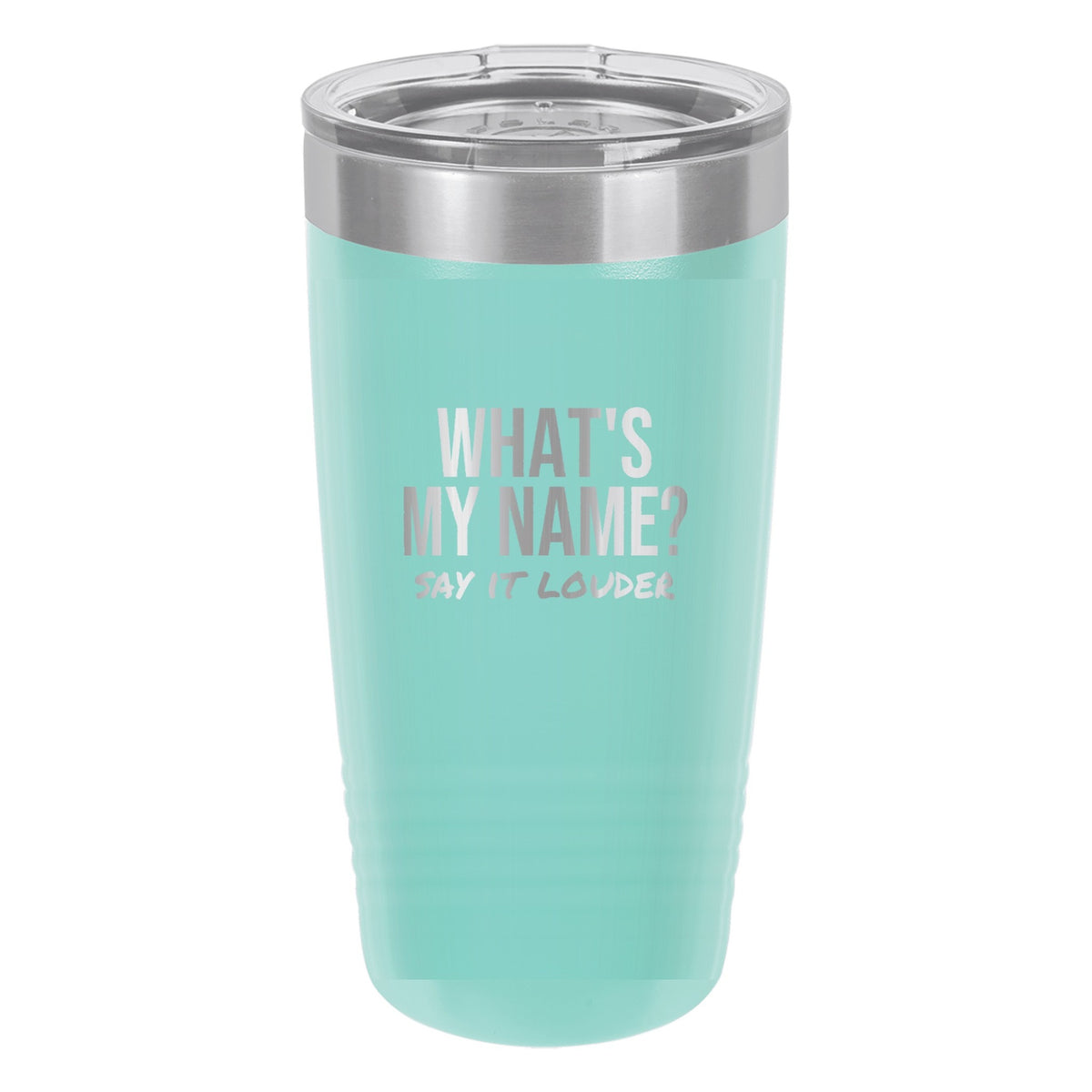 What's My Name laser etched 20 oz Polar Camel ringneck tumbler in Teal
